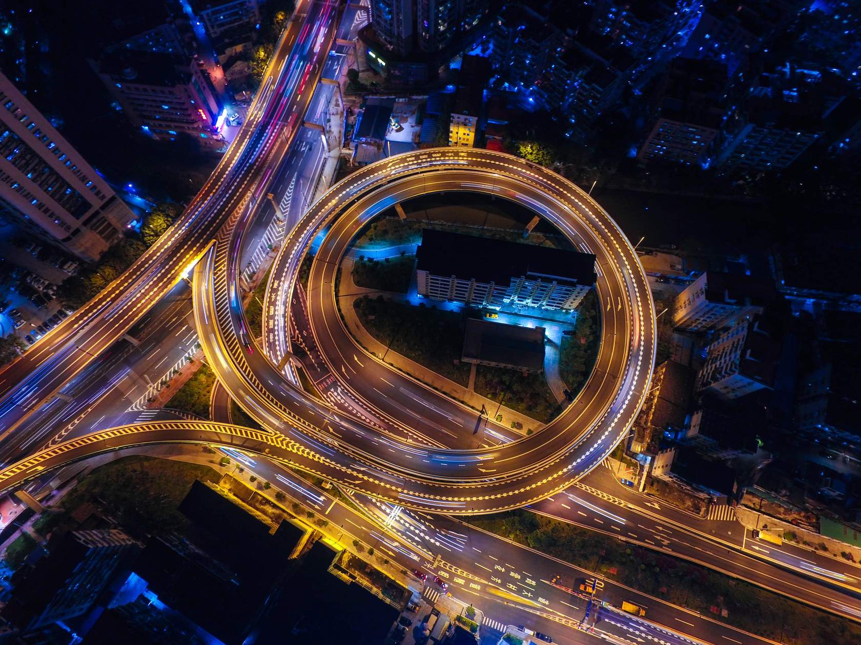 Highway interchange at night - overhead view